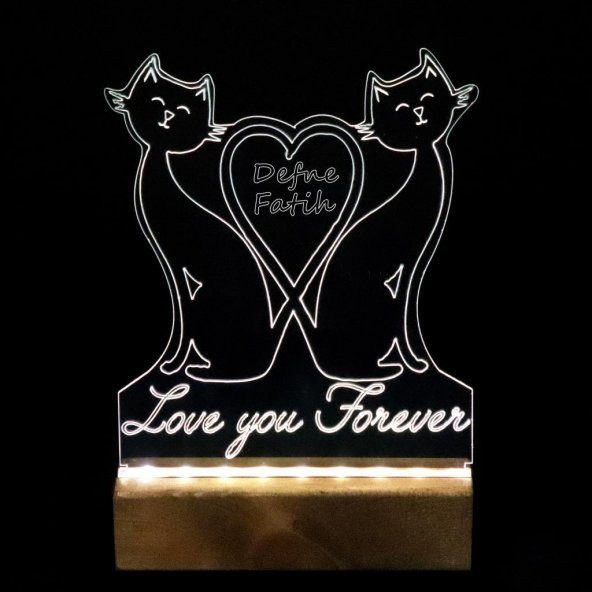 Veraart Kedi Çift Işıklı Pleksi Kişiye Özel Gece Lambası Sevgililer Günü Hediyesi