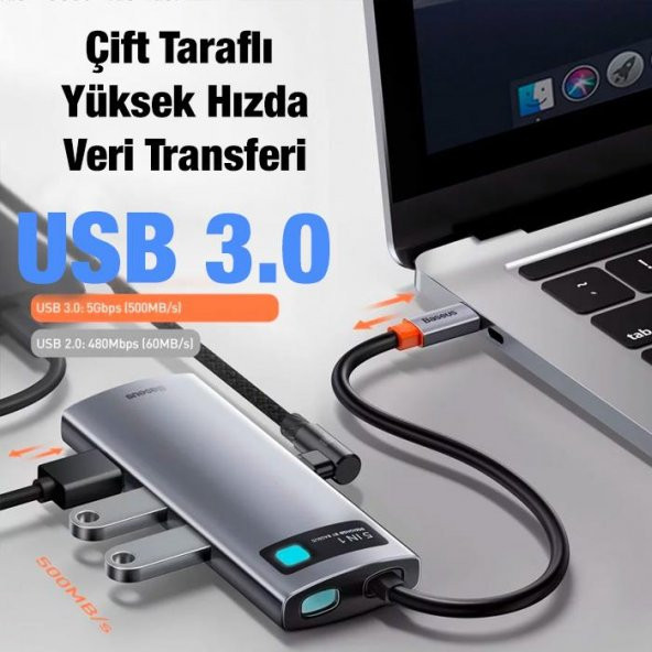 Baseus 100W Type-C HUB Adaptör 5in1 Type-C Dönüştürücü 3*USB 3.0 HDMI 4K Type-C Dönüştürücü - 5
