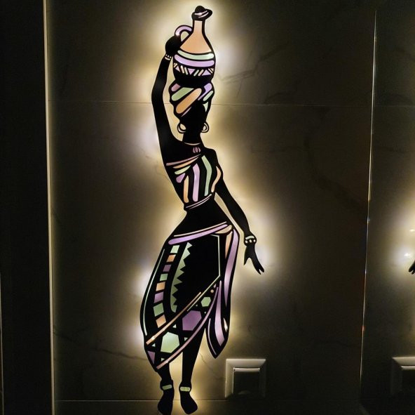 Veraart Epoksili Ahşap Testili Etekli Afirikalı Kadın Figürlü Duvar Dekorlu Gece Lambası 80 cm