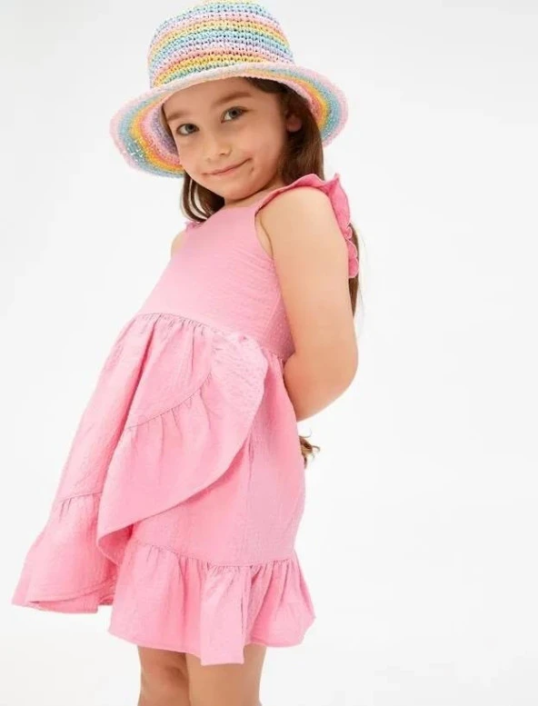 Koton Kız Bebek Elbise Fırfırlı Askılı U Yaka Katlı