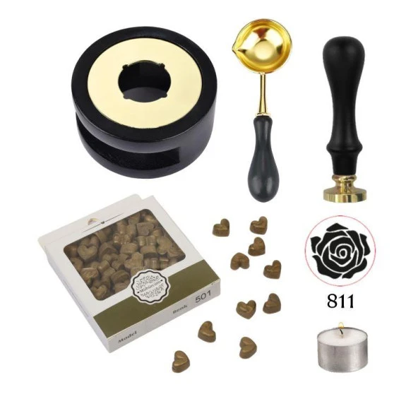 Davetiye Mum Mühürü Uygulama Seti Siyah Renk 811 Gül Desen ürün görseli