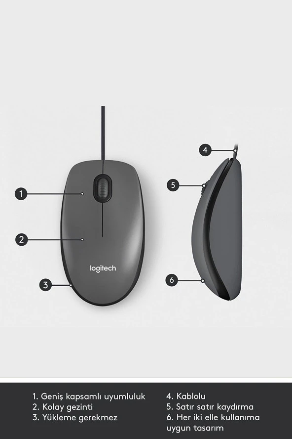 Logitech Kablolu USB Optik Mouse Siyah Kablolu Optik Mouse - Resim 5