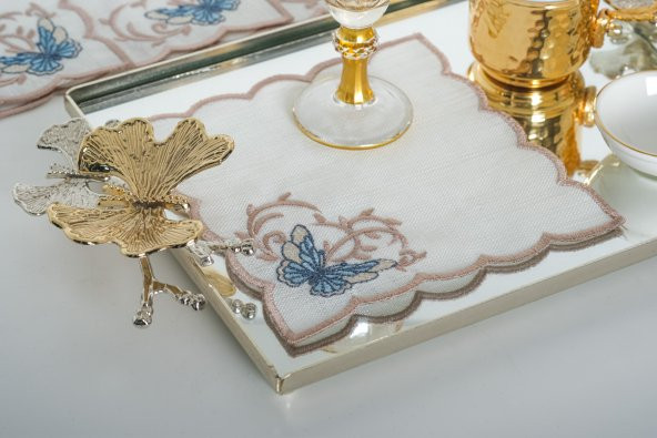 Finezza Dolce Nakışlı  Krem Mavi Kokteyl Peçetesi 15x15 cm 4 Ad-1484 - 2