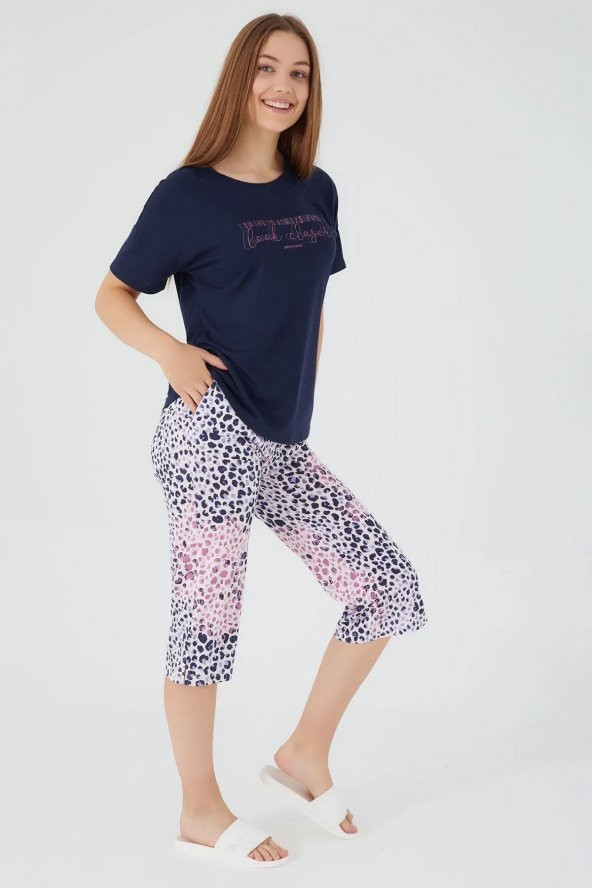 Pierre Cardin Kadın Büyük Beden Battal Lacivert  Leopar Desenli Kapri Takım 8562 B - 2