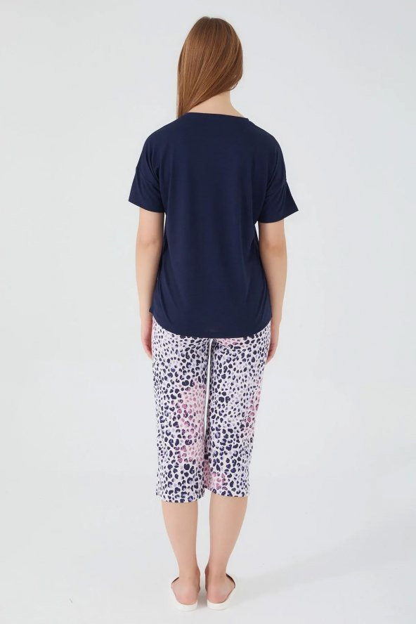 Pierre Cardin Kadın Büyük Beden Battal Lacivert  Leopar Desenli Kapri Takım 8562 B - 3