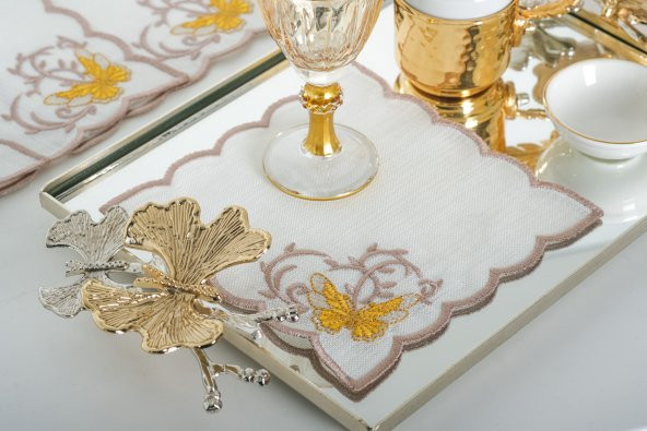 Finezza Dolce Nakışlı  Krem Sarı Kokteyl Peçetesi 15x15 cm 4 Ad-1485 - 2