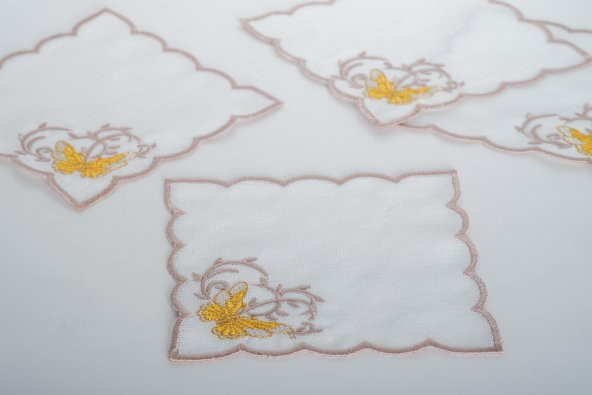 Finezza Dolce Nakışlı  Krem Sarı Kokteyl Peçetesi 15x15 cm 4 Ad-1485 - 3