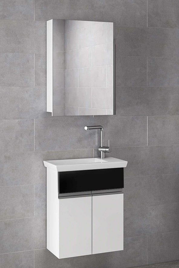 Alfa Banyo MİNİÇO EBEVEYN 45 cm x 28 cm AYNA DOLAPLI LÜX BANYO DOLABI- 1. Sınıf MDF-Beyaz Siyah