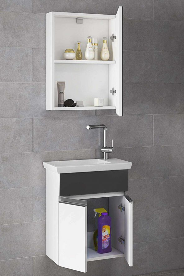 Alfa Banyo MİNİÇO EBEVEYN 45 cm x 28 cm AYNA DOLAPLI LÜX BANYO DOLABI- 1. Sınıf MDF-Beyaz Siyah - 2