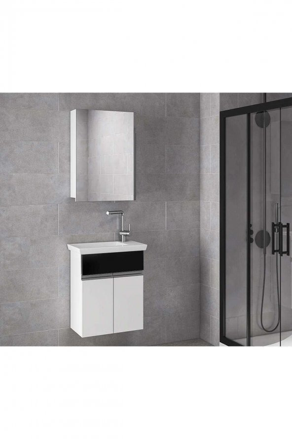 Alfa Banyo MİNİÇO EBEVEYN 45 cm x 28 cm AYNA DOLAPLI LÜX BANYO DOLABI- 1. Sınıf MDF-Beyaz Siyah - 4