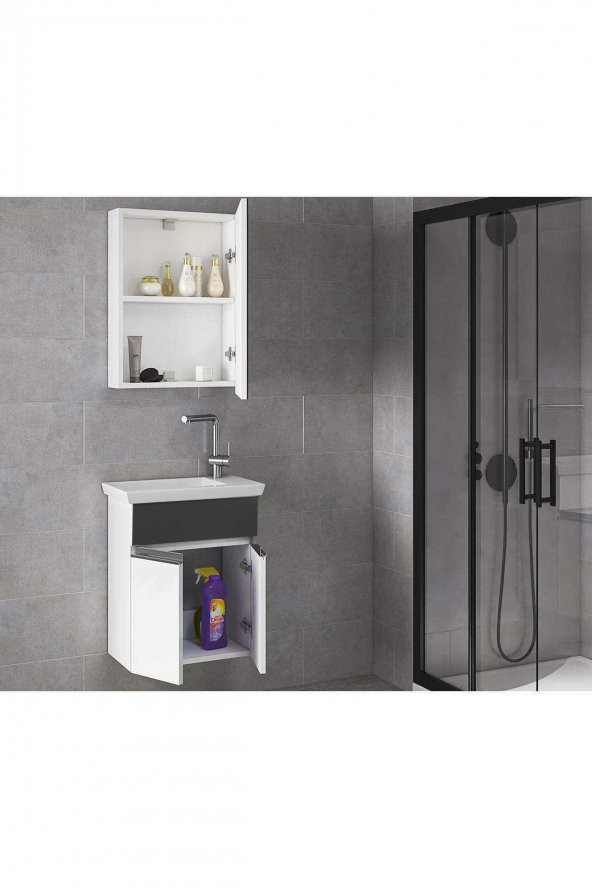 Alfa Banyo MİNİÇO EBEVEYN 45 cm x 28 cm AYNA DOLAPLI LÜX BANYO DOLABI- 1. Sınıf MDF-Beyaz Siyah - 5