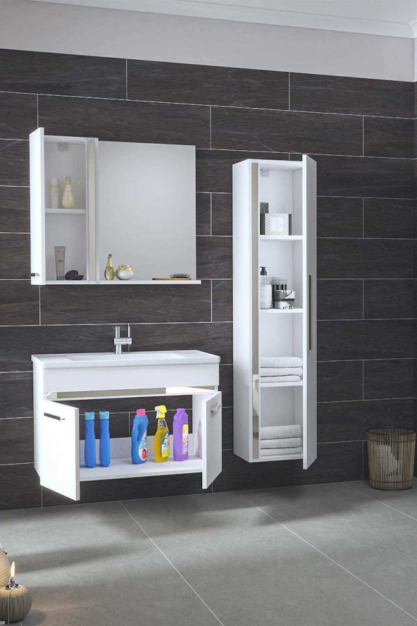 YENİ GOLD BEYAZ GRI (80+35 )115 cm Boy Dolaplı Banyo Takımı- HAZIR KURULU - 2