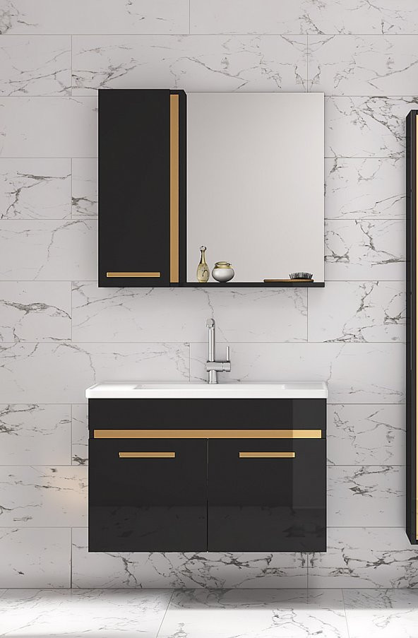 Yeni Gold SİYAH 80 Cm lavabolu banyo dolabı Takımı - 2