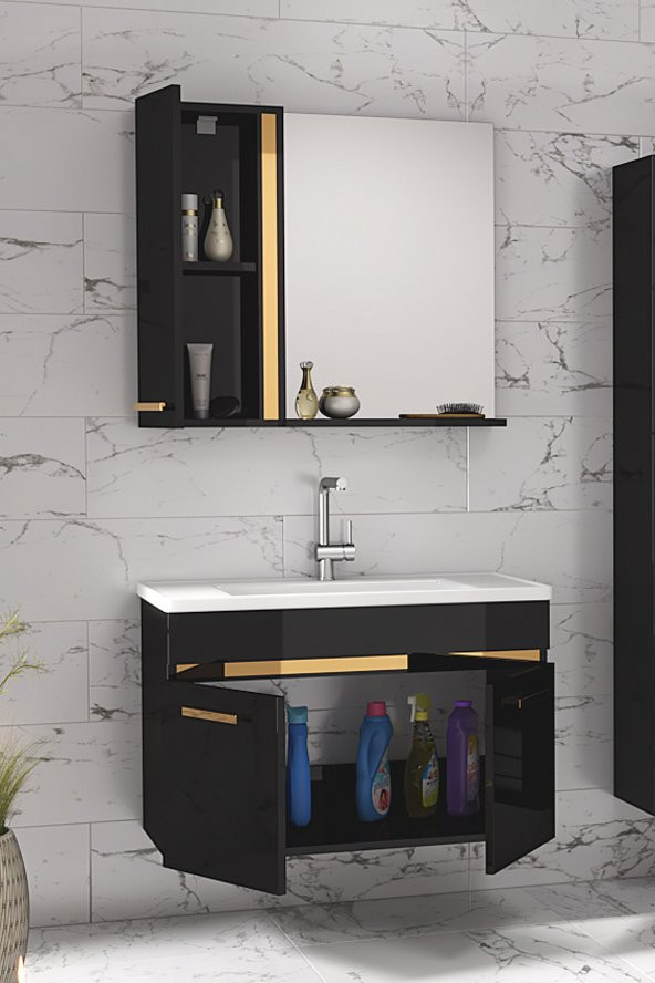 Yeni Gold SİYAH 80 Cm lavabolu banyo dolabı Takımı - 3