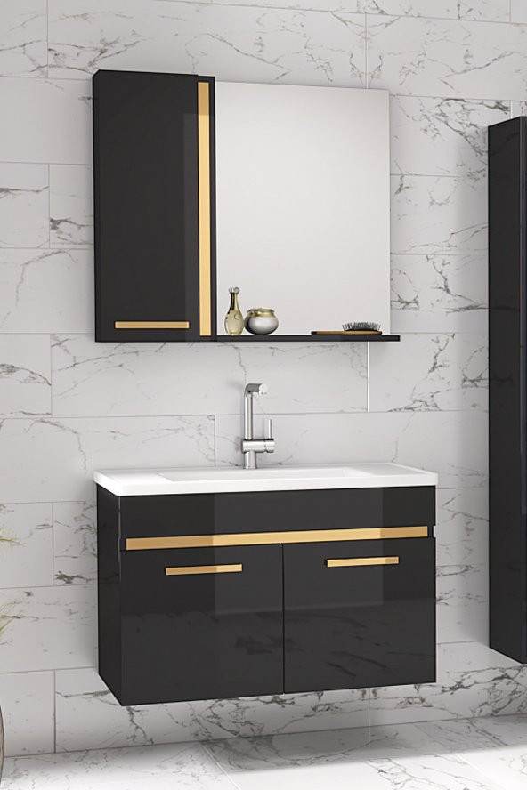 Yeni Gold SİYAH 80 Cm lavabolu banyo dolabı Takımı - 4