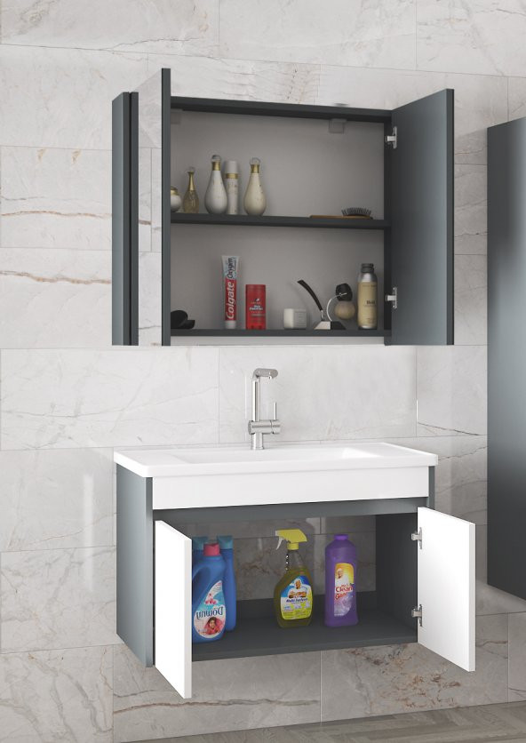 Alfa Banyo Estella-EA 80 Cm Mdf-aynalı-lavabolu Banyo Dolabı Takımı-TAMAMI MDF - HAZIR KURULU