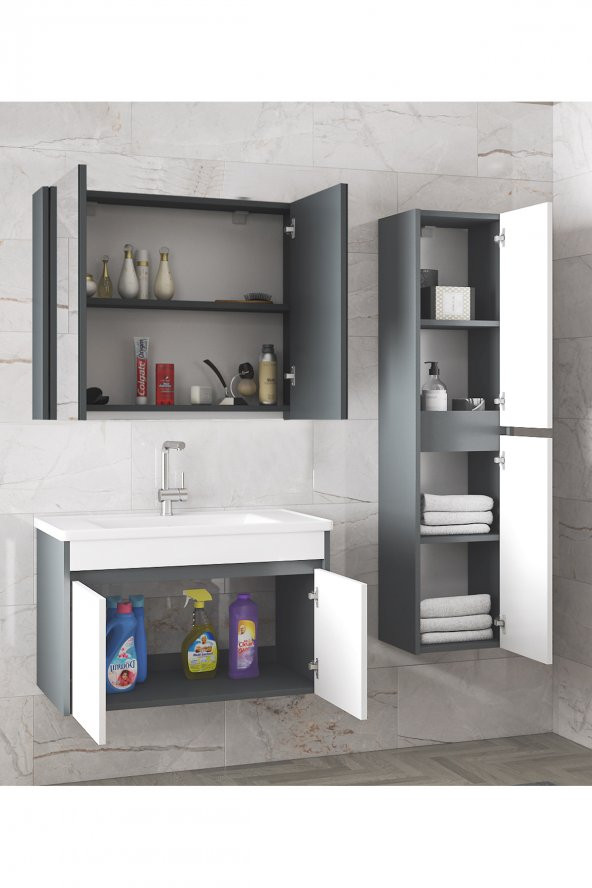 Estella-EA 80+35 cm Mdf-Aynalı Boy Dolaplı-Lavabolu Banyo Dolabı Takımı - 2
