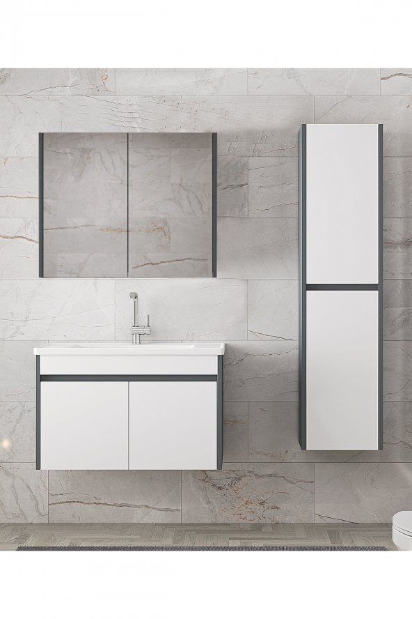 Estella-EA 80+35 cm Mdf-Aynalı Boy Dolaplı-Lavabolu Banyo Dolabı Takımı - 3