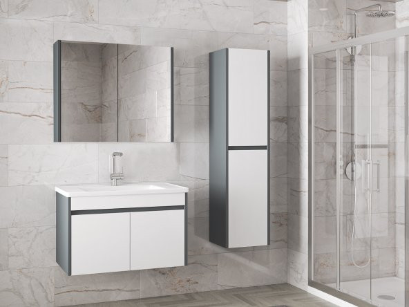 Estella-EA 80+35 cm Mdf-Aynalı Boy Dolaplı-Lavabolu Banyo Dolabı Takımı - 4