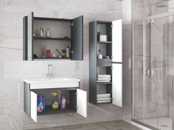 Estella-EA 80+35 cm Mdf-Aynalı Boy Dolaplı-Lavabolu Banyo Dolabı Takımı - 5
