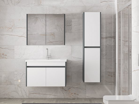 Estella-EA 80+35 cm Mdf-Aynalı Boy Dolaplı-Lavabolu Banyo Dolabı Takımı - 6