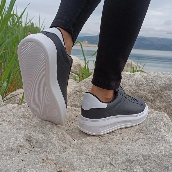 Darkstep 156 Siyah-Beyaz Fuspetli Sneaker Düz Taban Spor Ayakkabı - 6