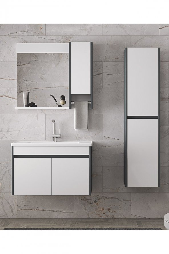 Alfa Banyo Estella-OA 80+35 cm Mdf-Aynalı Boy Dolaplı-Lavabolu Banyo Dolabı Takımı--HAZIR KURULU