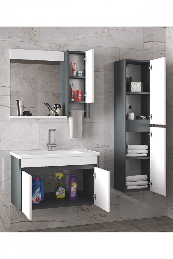 Estella-OA 80+35 cm Mdf-Aynalı Boy Dolaplı-Lavabolu Banyo Dolabı Takımı--HAZIR KURULU - 2