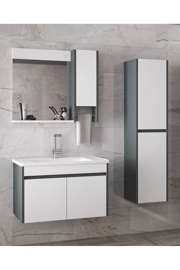 Estella-OA 80+35 cm Mdf-Aynalı Boy Dolaplı-Lavabolu Banyo Dolabı Takımı--HAZIR KURULU - 3