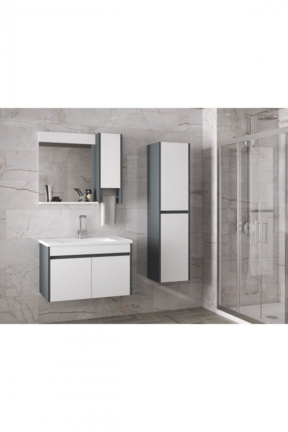Estella-OA 80+35 cm Mdf-Aynalı Boy Dolaplı-Lavabolu Banyo Dolabı Takımı--HAZIR KURULU - 4