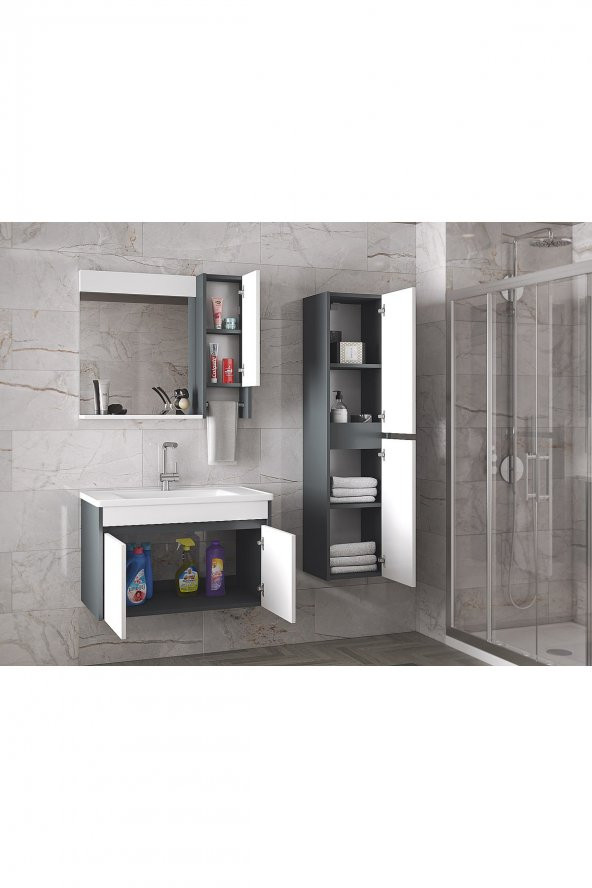 Estella-OA 80+35 cm Mdf-Aynalı Boy Dolaplı-Lavabolu Banyo Dolabı Takımı--HAZIR KURULU - 5