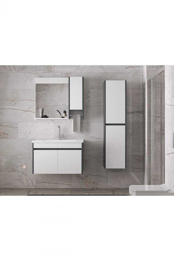 Estella-OA 80+35 cm Mdf-Aynalı Boy Dolaplı-Lavabolu Banyo Dolabı Takımı--HAZIR KURULU - 6