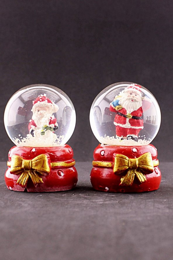 2 Adet Yeni Yıl Noel Baba Temalı Kurdele Detaylı Mini Boy Işıklı Kar Küresi 6,5 cm B - 2