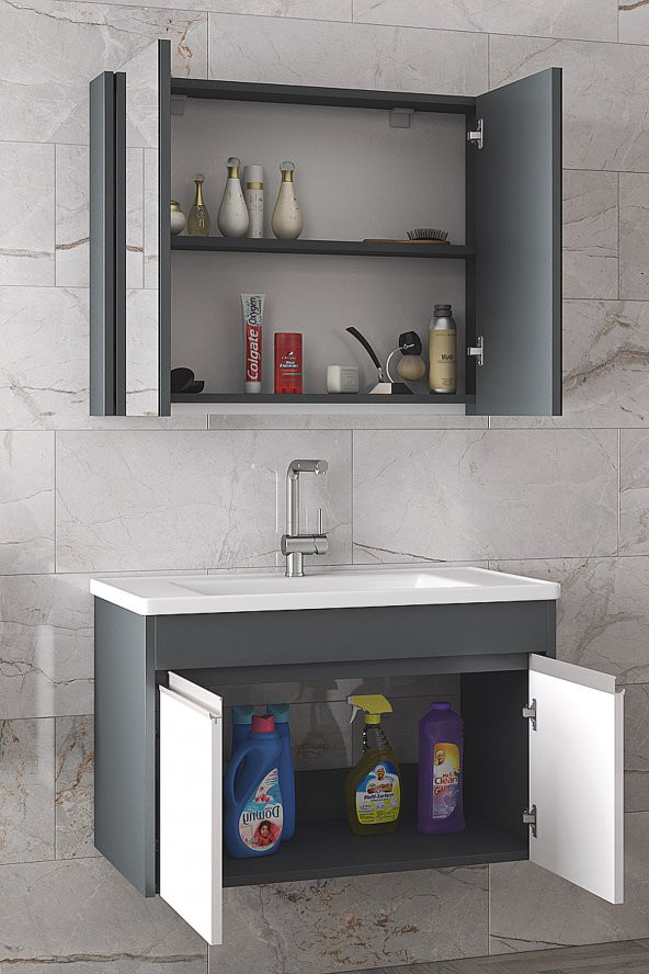 Alfa Banyo VİSENTE-EA 80 cm MDF-Aynalı-lavabolu banyo dolabı takımı- HAZIR KURULU - 2