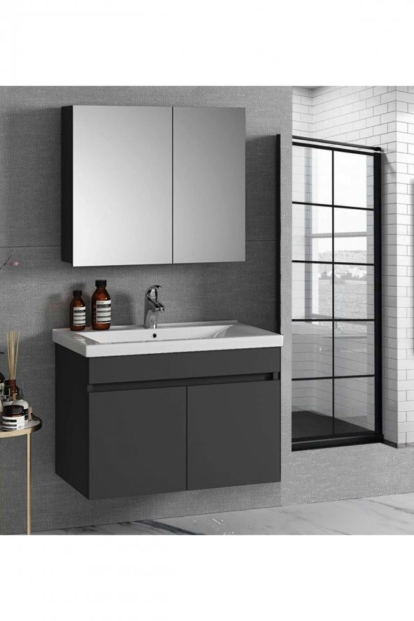 Alfa Banyo Viola 80 cm MDF-Hazır kurulu-aynalı banyo dolabı-lavabolu banyo dolabı takımı-ANTRASİT-HAZIR KURULU