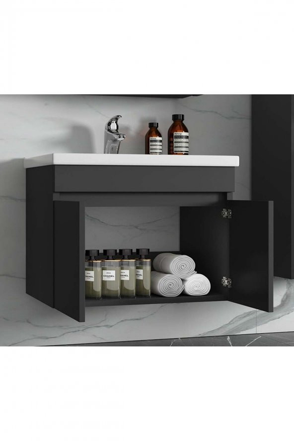 Viola Antrasit 80 Cm Mdf Aynalı Banyo Dolabı-Lavabolu Banyo Dolabı Takımı- - 3