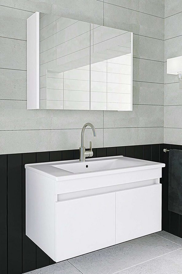 Alfa Banyo Viola Beyaz 80 Cm Ayna Dolaplı Seramik Lavabolu Mdf Banyo Dolabı Seti