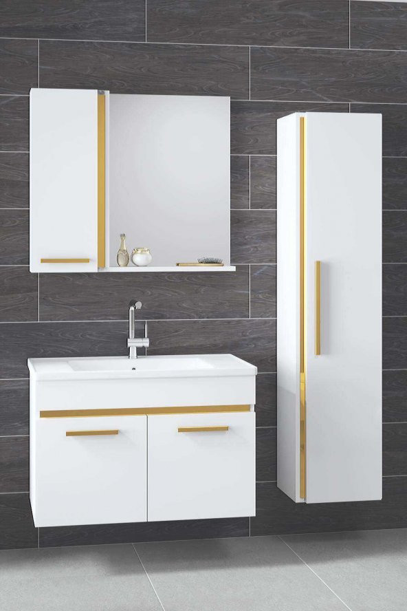 YENİ GOLD BEYAZ (80+35) 115 cm Boy Dolaplı Banyo Takımı- HAZIR KURULU