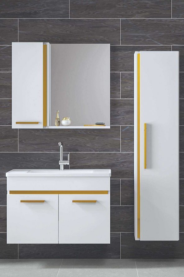 YENİ GOLD BEYAZ (80+35) 115 cm Boy Dolaplı Banyo Takımı- HAZIR KURULU - 3