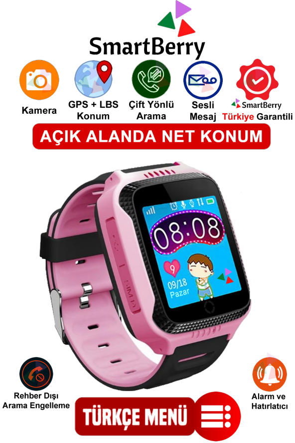 Smartberry Z6 GPS Konumlu Akıllı Çocuk Takip Saati Sim Kartlı Arama, Kameralı, Gizli Dinleme Özellikli - Pembe - 1