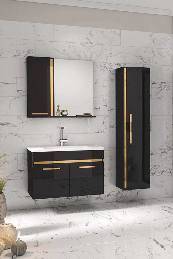 Yeni Gold SİYAH (80+35) 115 Cm Boy Dolaplı Banyo Takımı-HAZIR KURULU