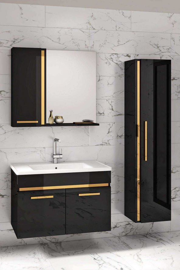 Yeni Gold SİYAH (80+35) 115 Cm Boy Dolaplı Banyo Takımı-HAZIR KURULU - 3
