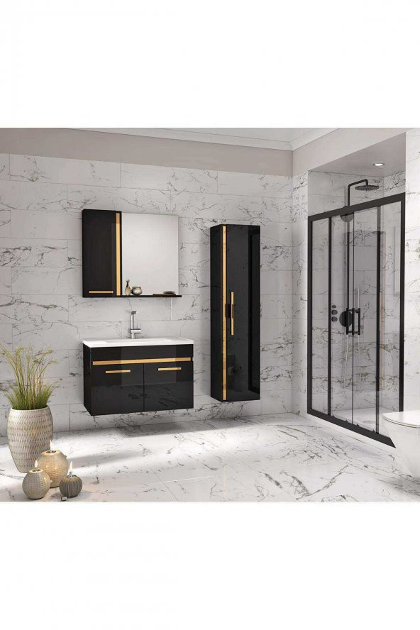 Yeni Gold SİYAH (80+35) 115 Cm Boy Dolaplı Banyo Takımı-HAZIR KURULU - 4