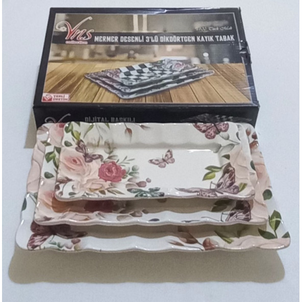 YNS / 3 LÜ KAYIK TABAK DİKDÖRTGEN DİJİTAL BASKILI UZUNLUK 26 . 23 . 20 . GENİŞLİK 17 . 14. 11 CM - 5