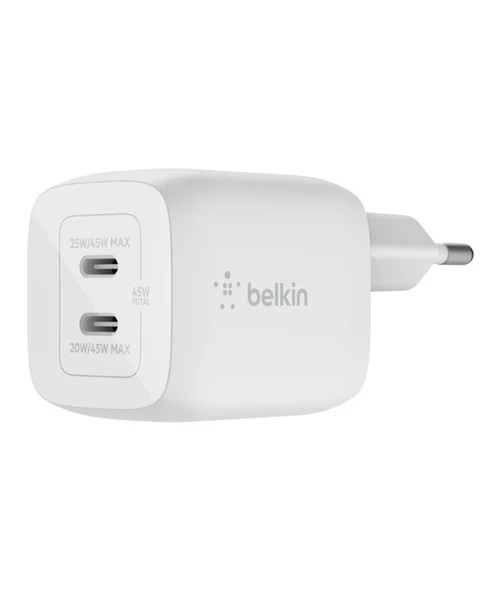 Belkin WCH011 45W 2li USB-C PD GAN Hızlı Duvar Şarjı - Beyaz