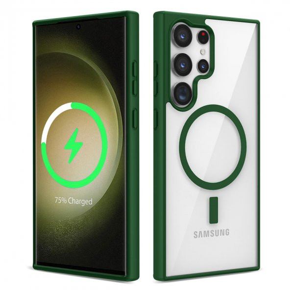 KNY Samsung Galaxy S23 Ultra Kılıf Silikon Kenarlı Renkli Magsafeli Sert Ege Kapak Yeşil