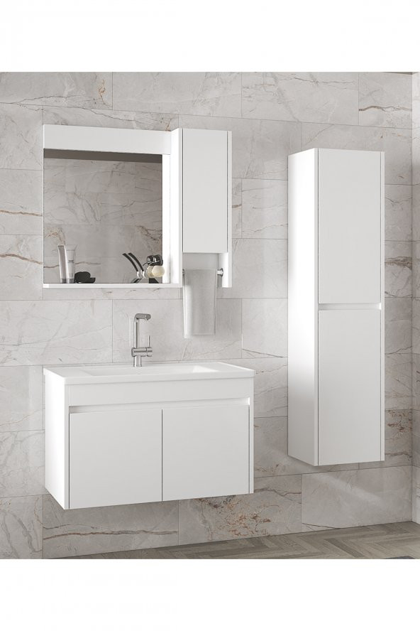 Alfa Banyo Estella-OA Beyaz 80+35 cm Mdf-Aynalı Boy Dolaplı-Lavabolu Banyo Dolabı -- HAZIR KURULU-