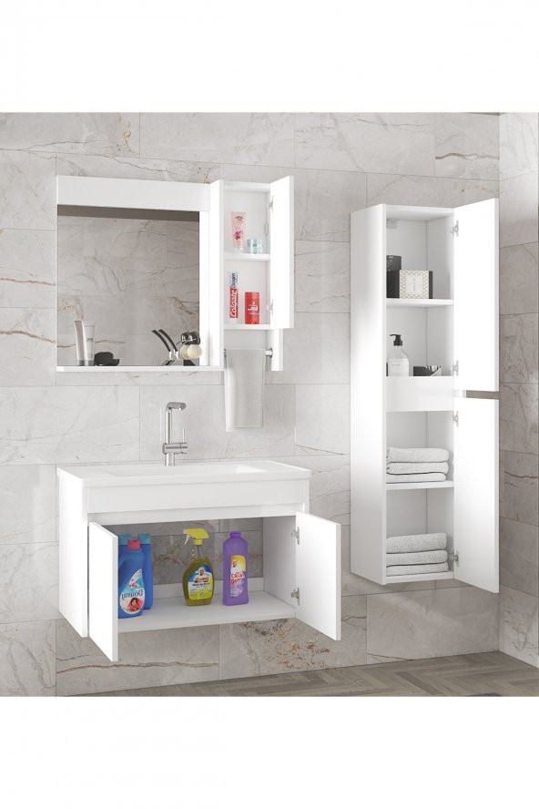 Alfa Banyo Estella-OA Beyaz 80+35 cm Mdf-Aynalı Boy Dolaplı-Lavabolu Banyo Dolabı - 2