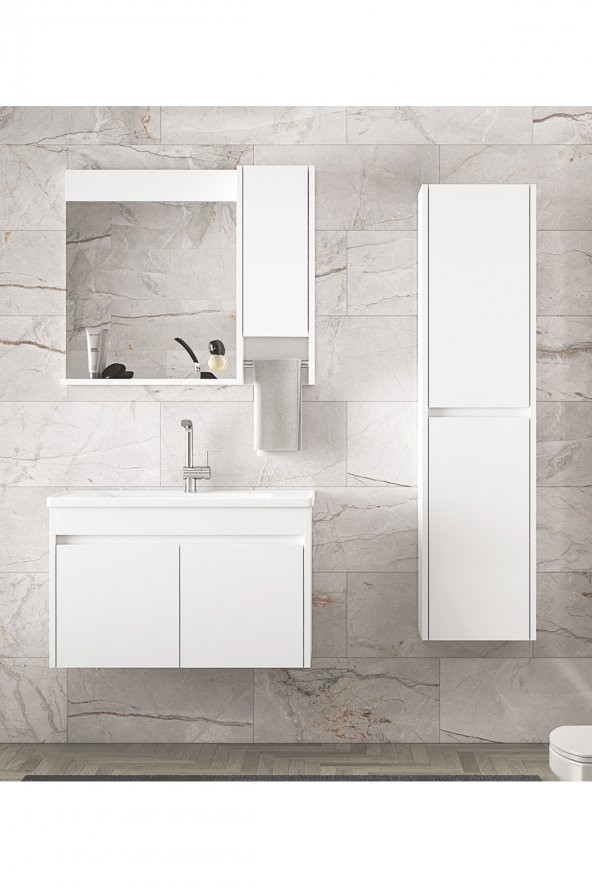 Alfa Banyo Estella-OA Beyaz 80+35 cm Mdf-Aynalı Boy Dolaplı-Lavabolu Banyo Dolabı - 3
