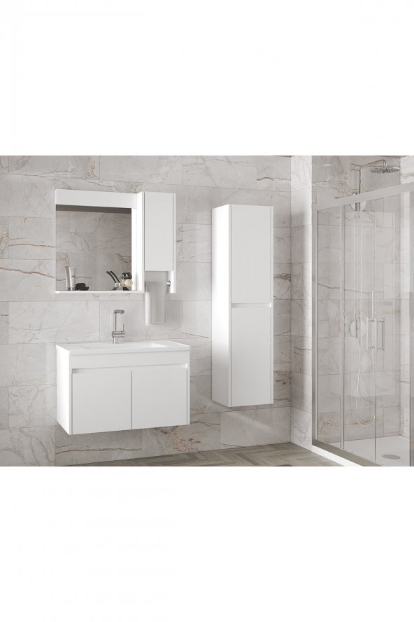 Alfa Banyo Estella-OA Beyaz 80+35 cm Mdf-Aynalı Boy Dolaplı-Lavabolu Banyo Dolabı - 4